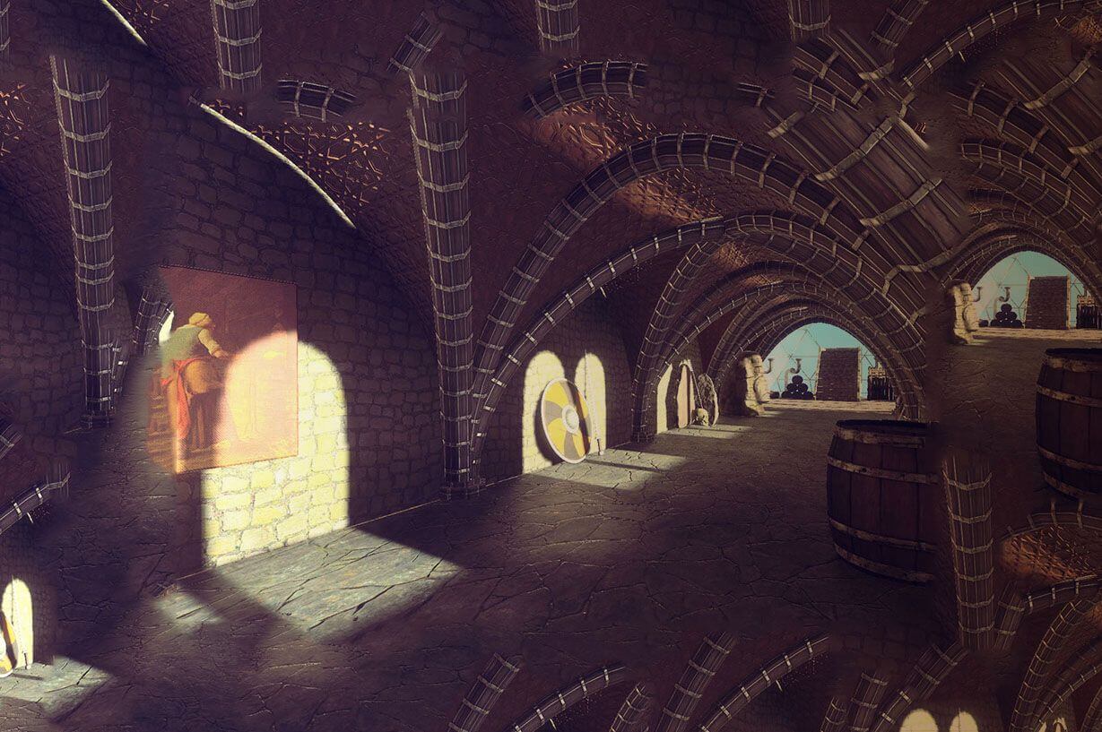 muestra de videojuego mostrando un museo virtual en la época medieval
