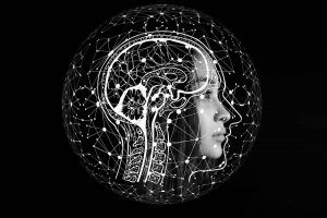 ilustración de cerebros y neuronas sobrepuestas sobre la cara de una mujer